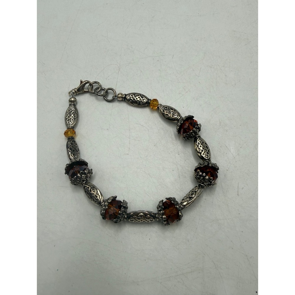 Vintage Style Silver Tone Filigree Beaded Bracelet Amber Cognac Crystal Beads